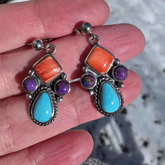 Navajo Native American Southwestern Sterling Silver Turquoise Cluster Earrings - Picture 3 of 13